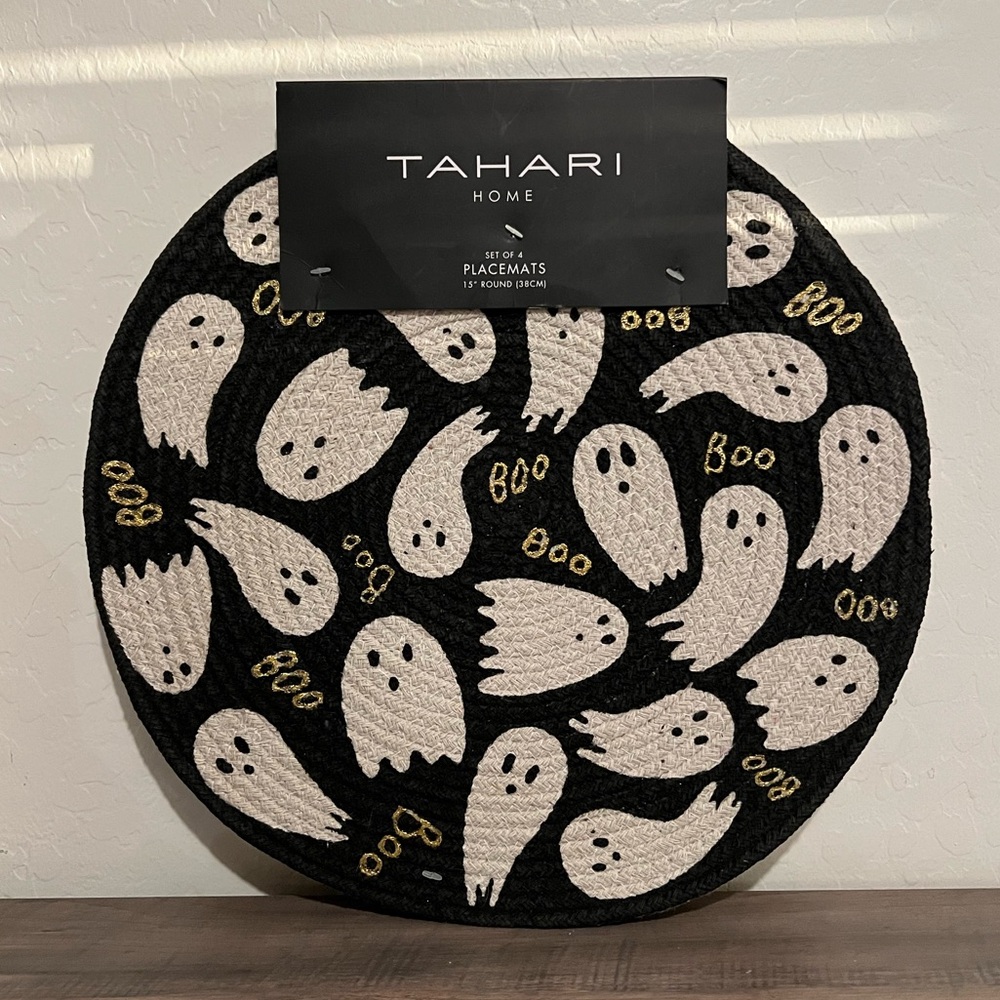 Tahari Home Black Cream & Gold Ghost Boo! Halloween Placemats 4pc